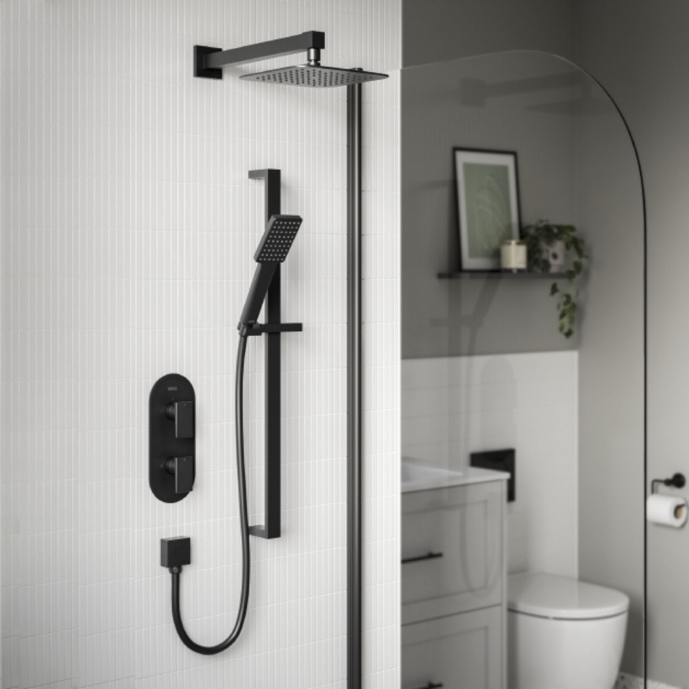 Lifestyle image of the Bristan Tangram Black Dual Outlet Thermostatic Shower Pack